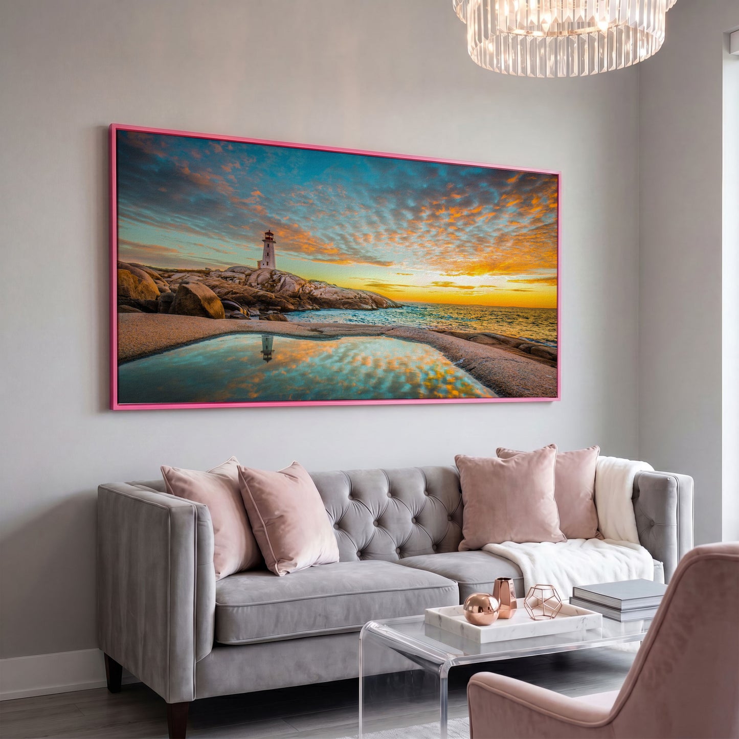 Peggy's Cove Lighthouse at Sunset Canvas Art in pink floating frame