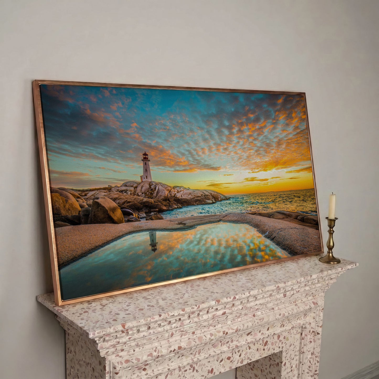 Peggy's Cove Lighthouse at Sunset Canvas Art in rose gold floating frame