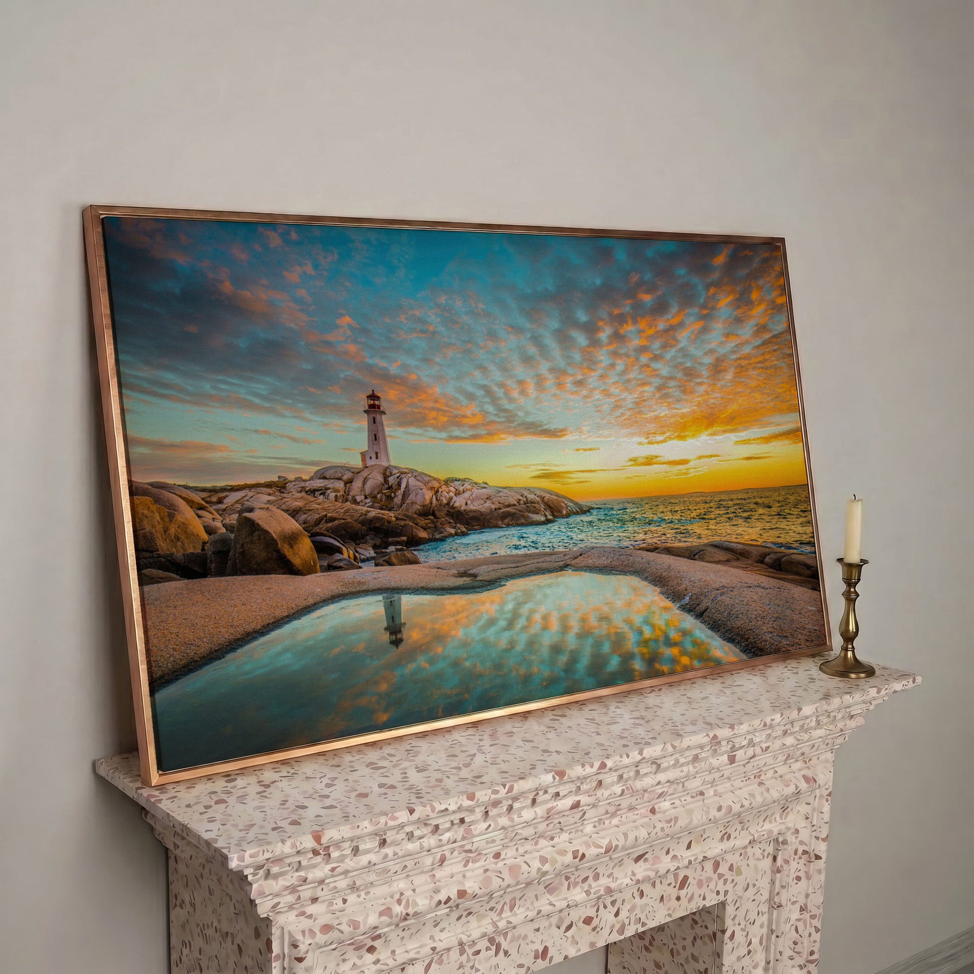 Peggy's Cove Lighthouse at Sunset Canvas Art in rose gold floating frame
