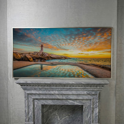 Peggy's Cove Lighthouse at Sunset Canvas Art in silver floating frame