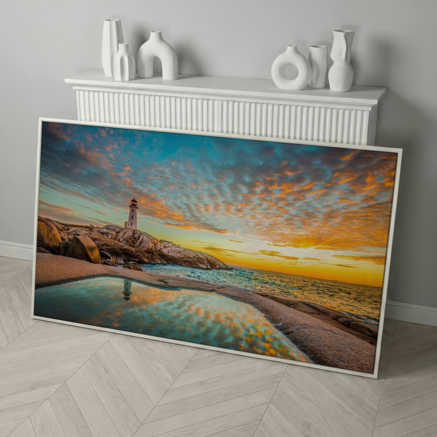 Peggy's Cove Lighthouse at Sunset Canvas Art in white floating frame