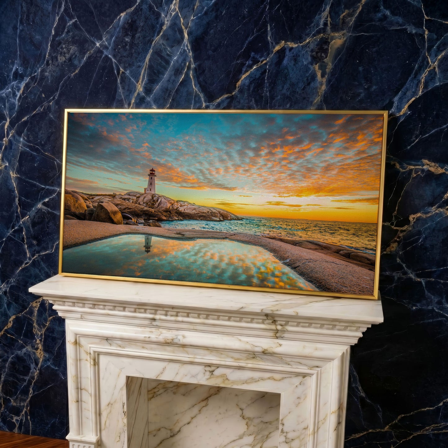 Peggy's Cove Lighthouse at Sunset Canvas Art in yellow gold floating frame