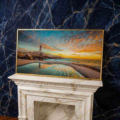 Peggy's Cove Lighthouse at Sunset Canvas Art in yellow gold floating frame
