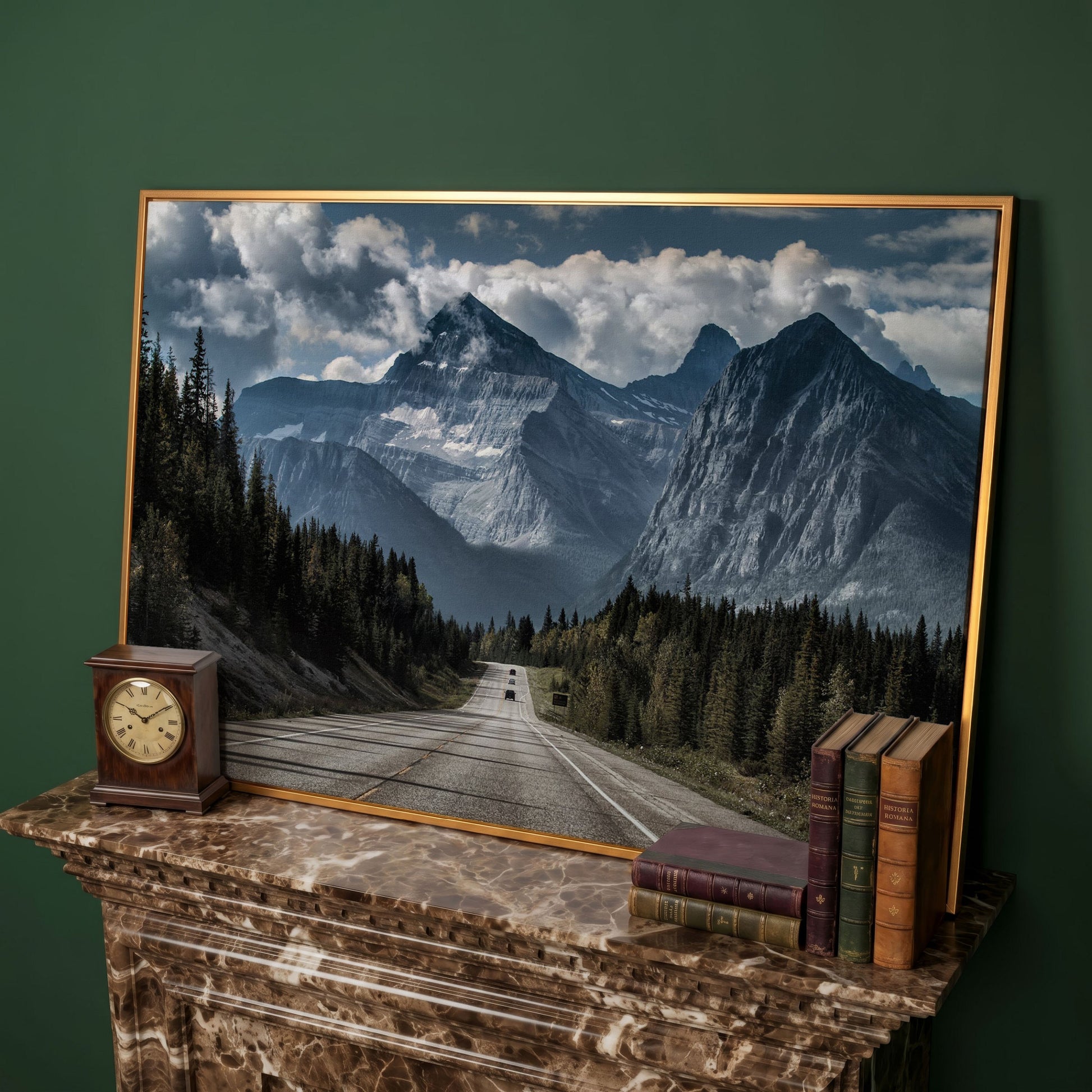 Country Mountain Road Canvas in antique gold floating frame
