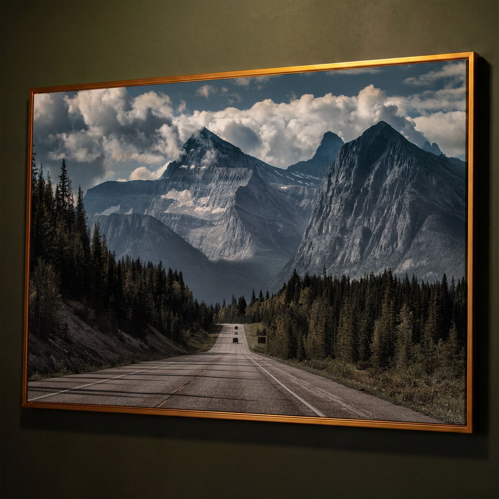 Country Mountain Road Canvas shown in antique gold floating frame