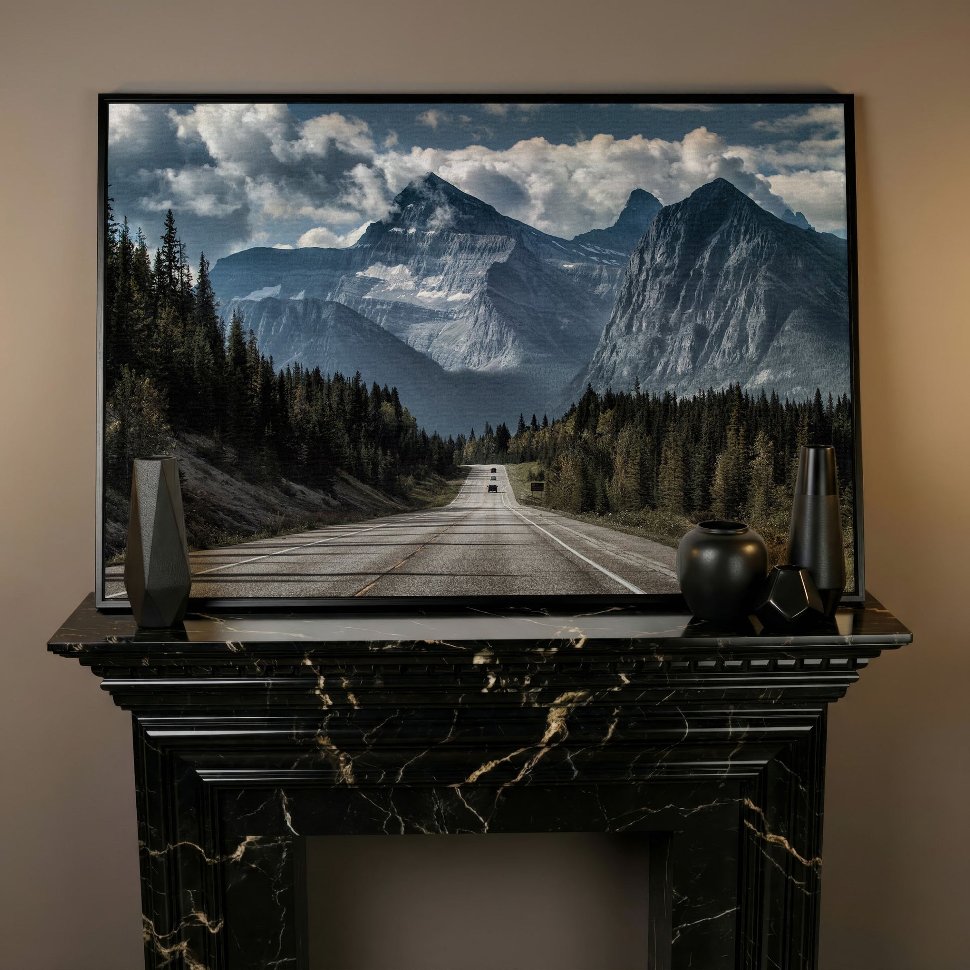Country Mountain Road Canvas in black floating frame