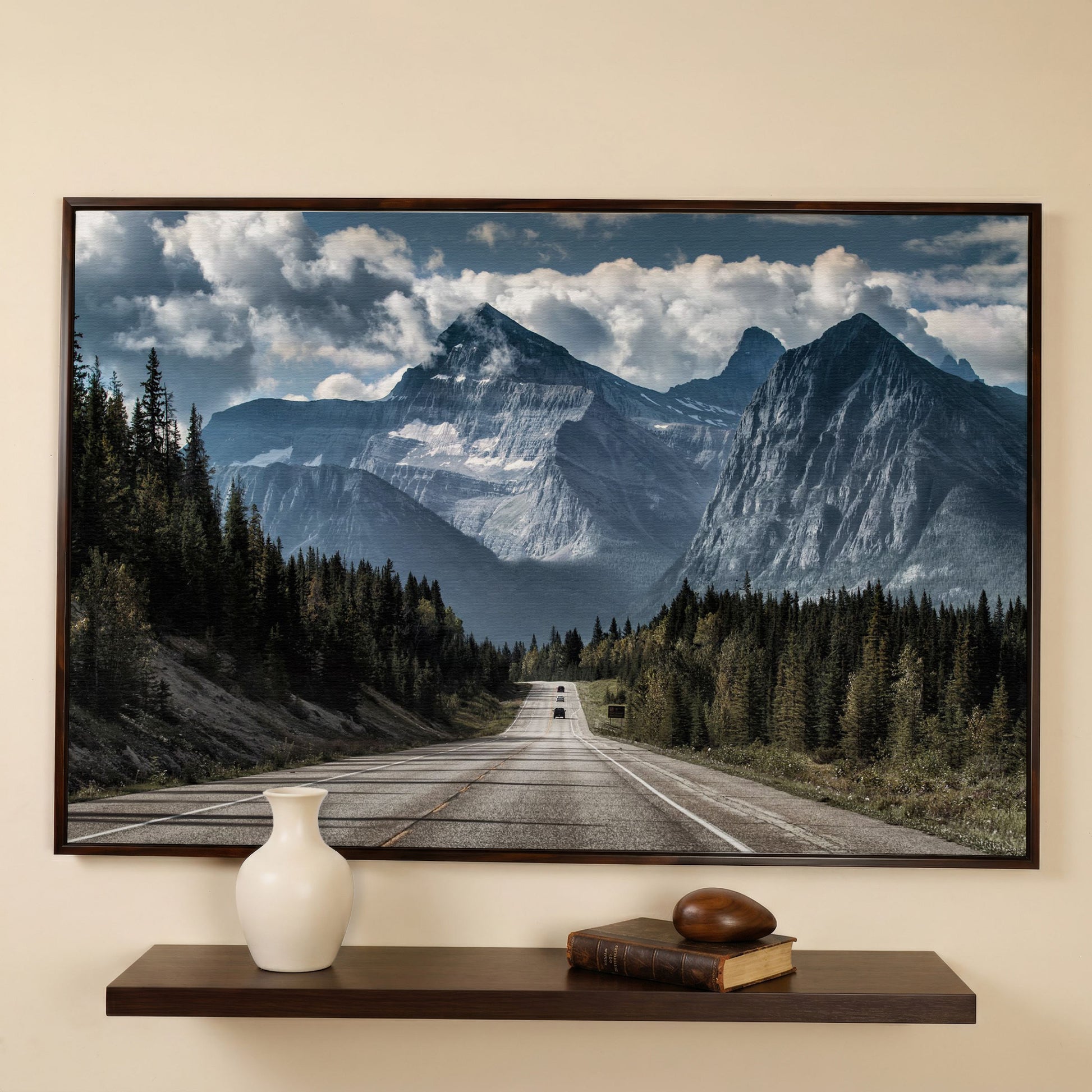 Country Mountain Road Canvas in dark walnut floating frame