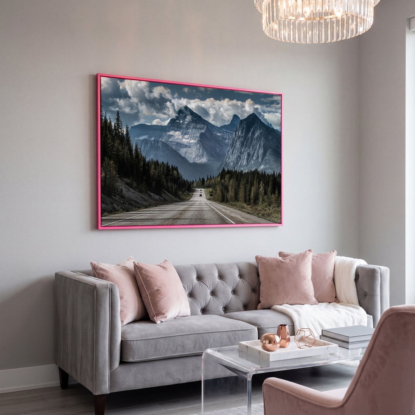 Country Mountain Road Canvas in pink floating frame