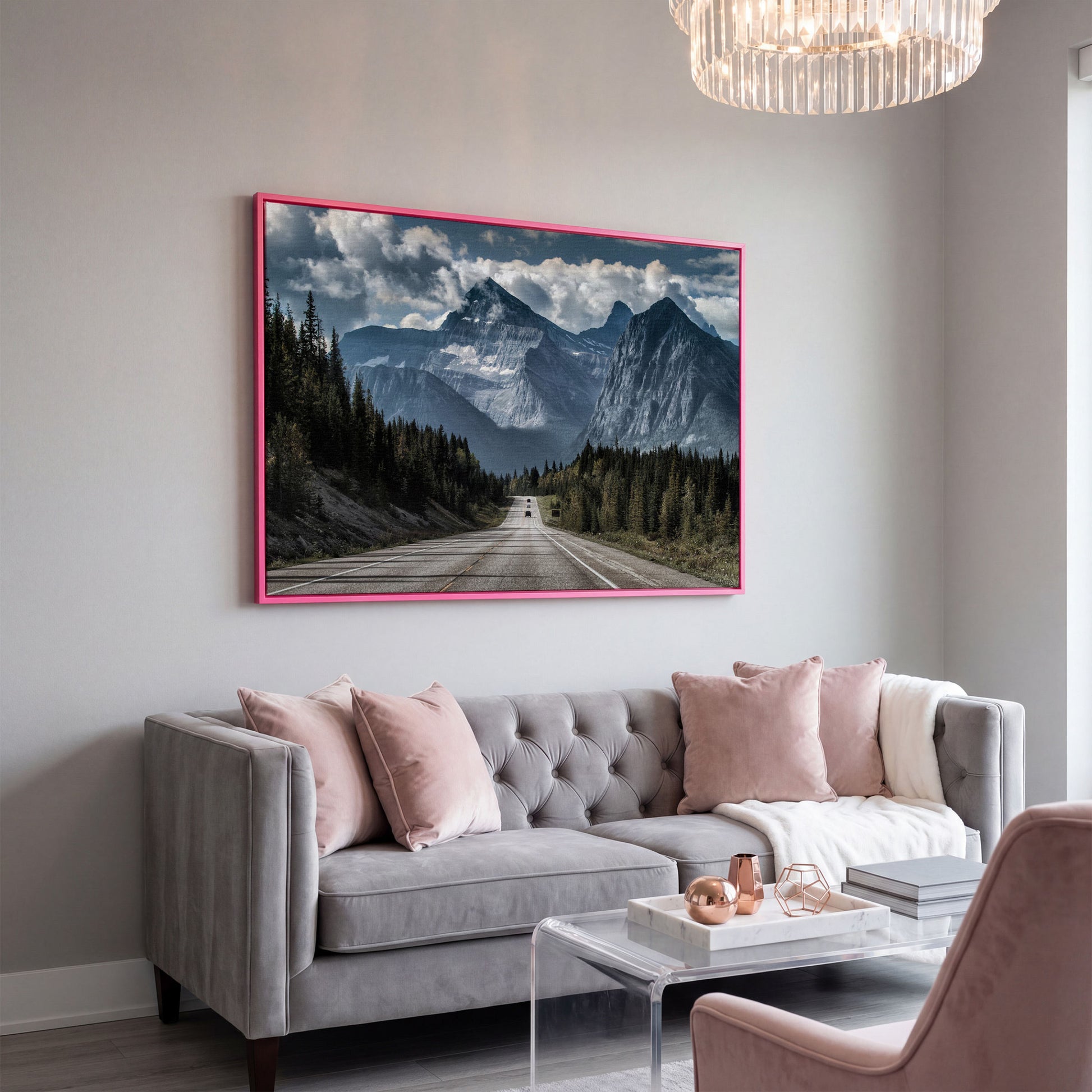 Country Mountain Road Canvas in pink floating frame