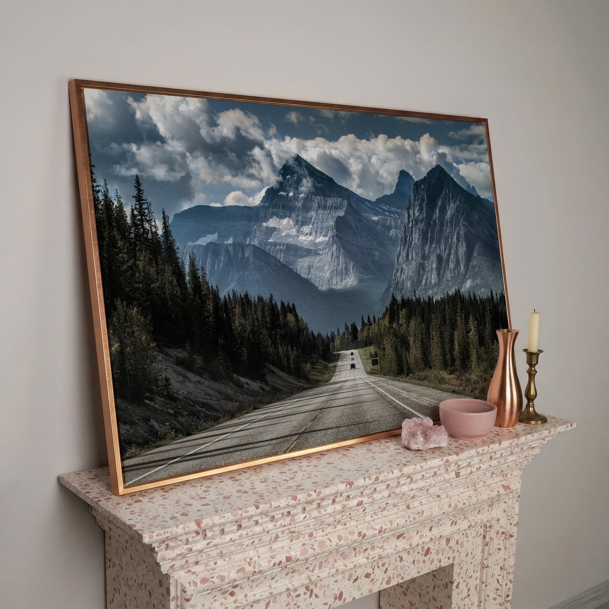 Country Mountain Road Canvas in rose gold floating frame