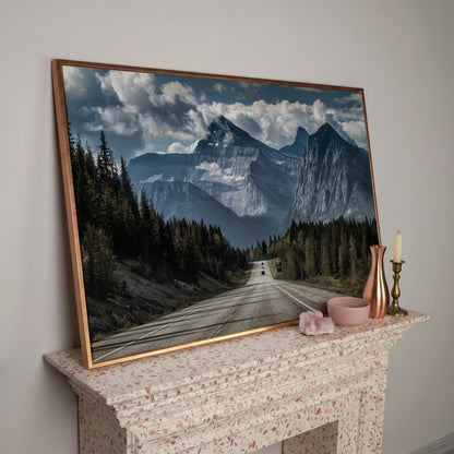 Country Mountain Road Canvas in rose gold floating frame