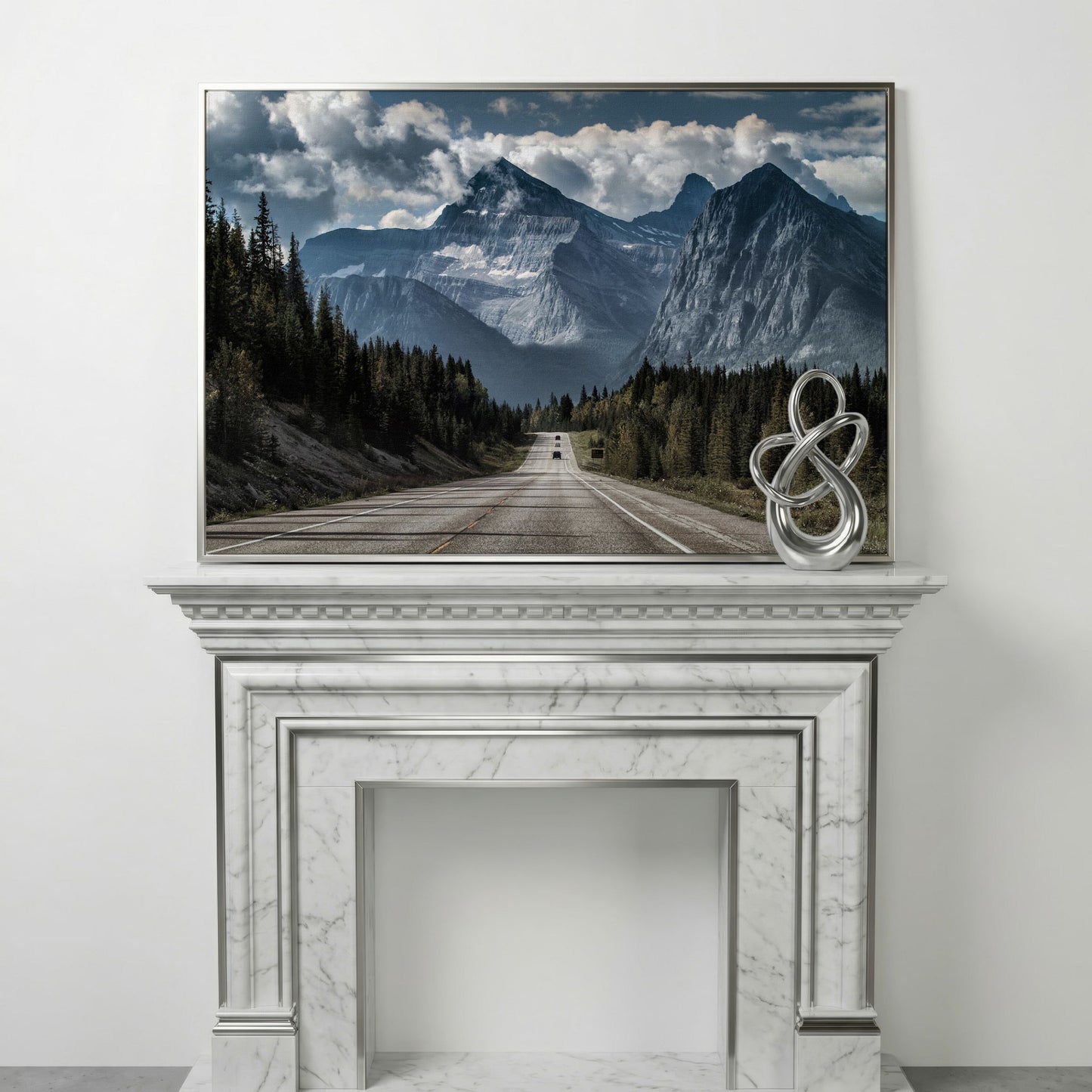 Country Mountain Road Canvas in silver floating frame