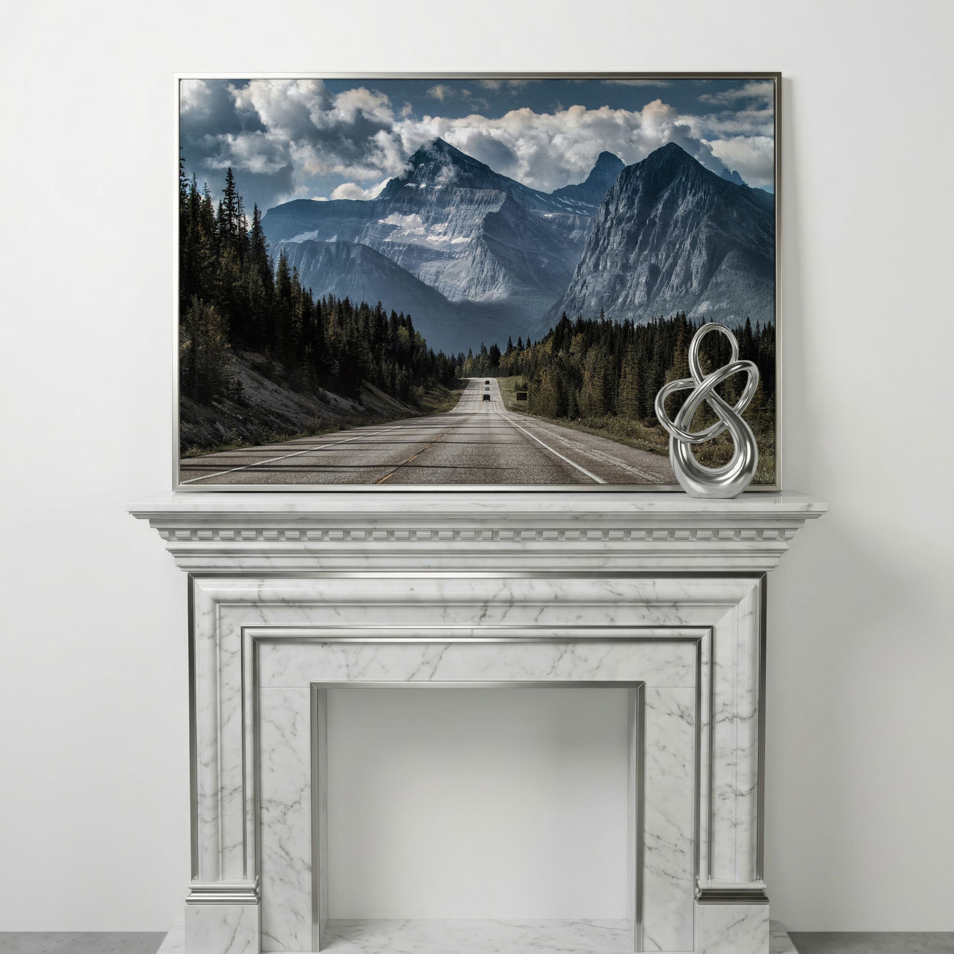 Country Mountain Road Canvas in silver floating frame