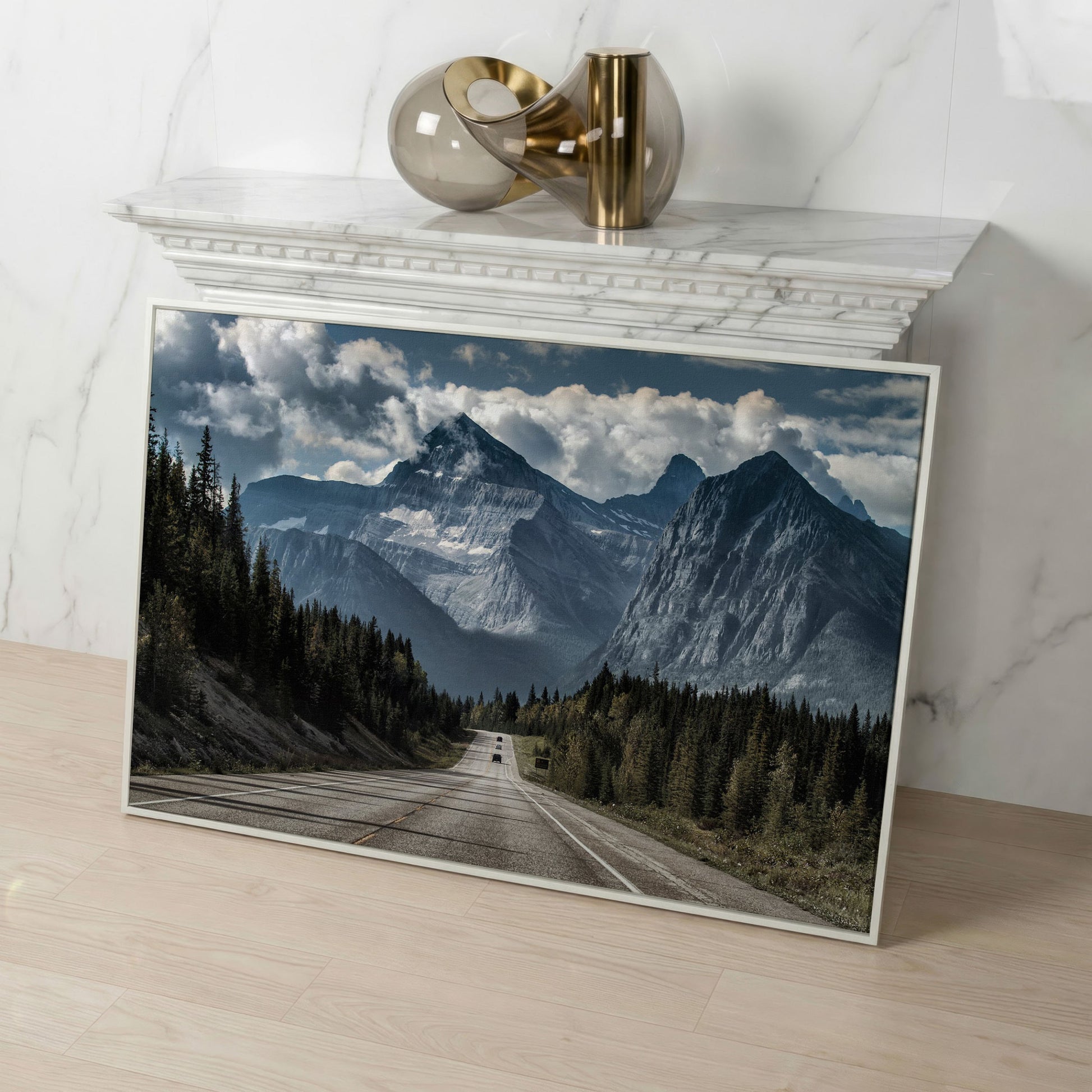 Country Mountain Road Canvas in white floating frame