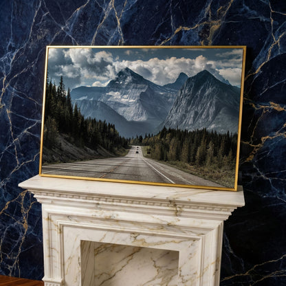 Country Mountain Road Canvas in yellow gold floating frame