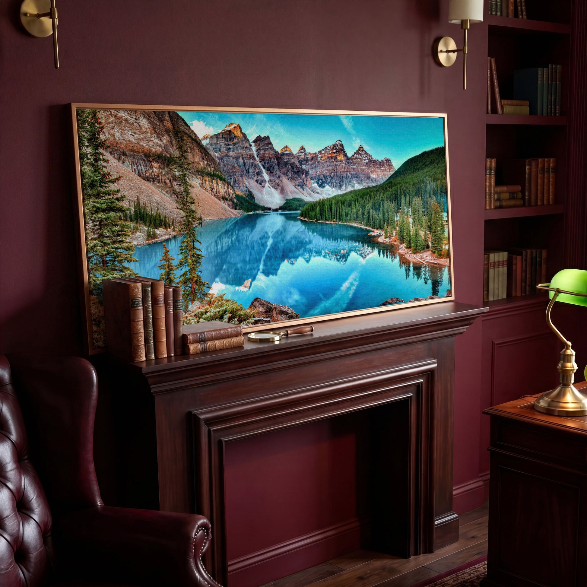Banff Mountain Lake Panoramic Canvas in antique gold floating frame