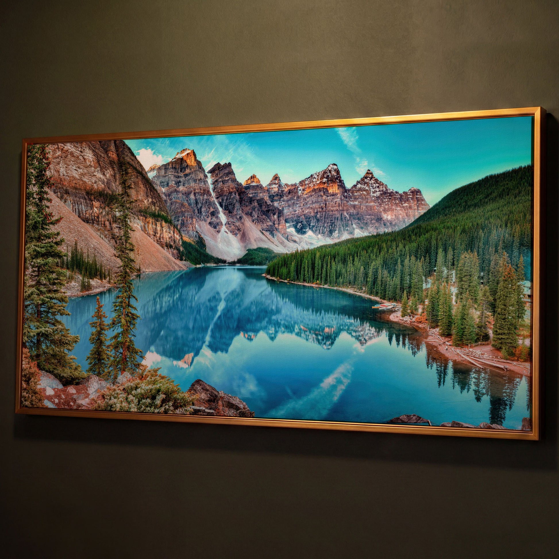Banff Mountain Lake Panoramic Canvas shown in antique gold floating frame