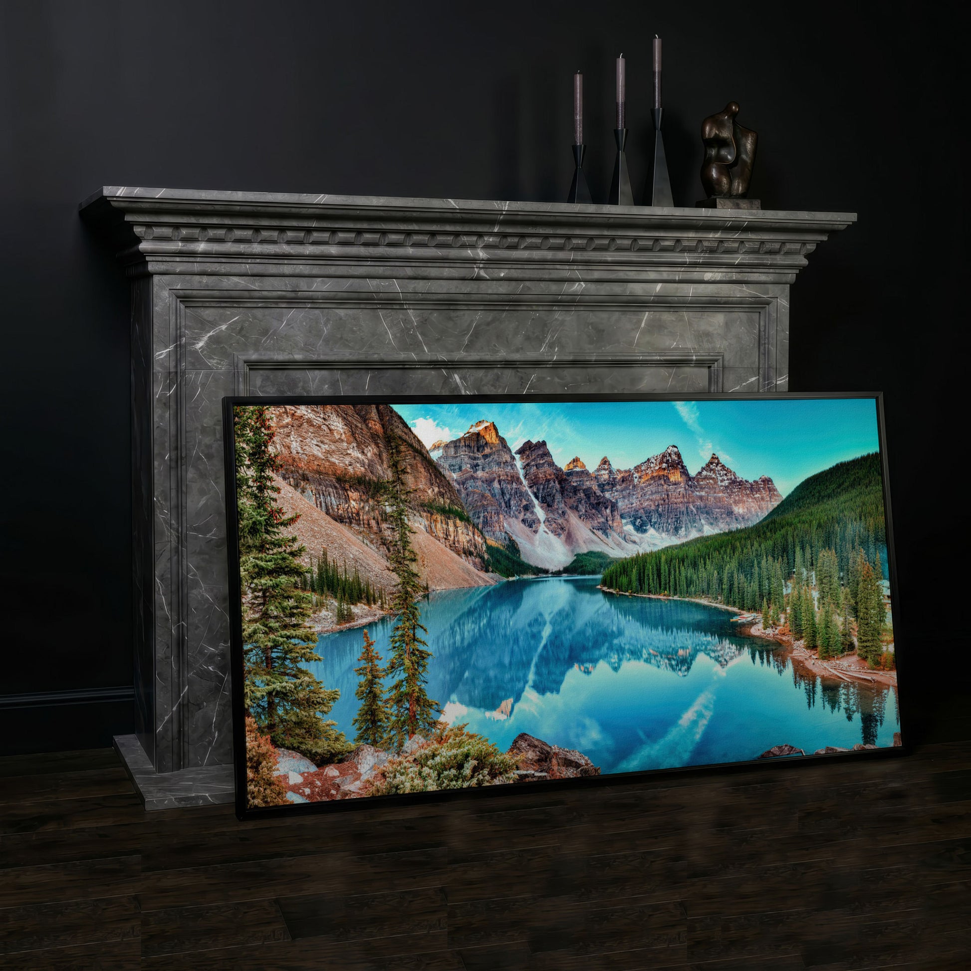 Banff Mountain Lake Panoramic Canvas in black floating frame