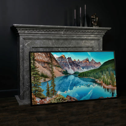 Banff Mountain Lake Panoramic Canvas in black floating frame