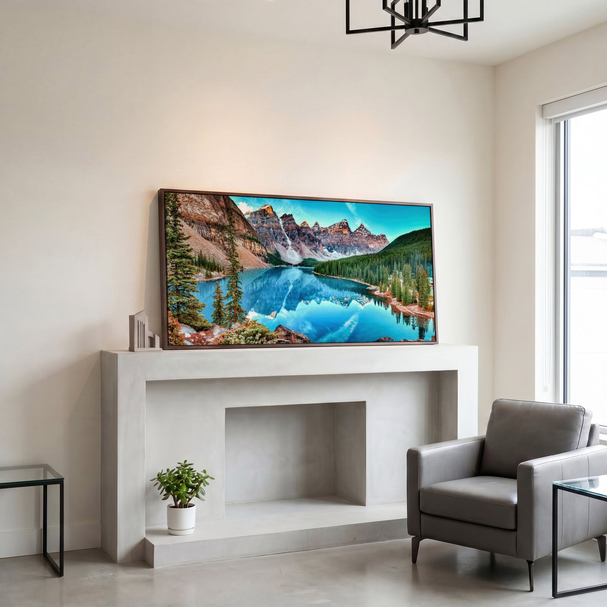 Banff Mountain Lake Panoramic Canvas in dark walnut floating frame