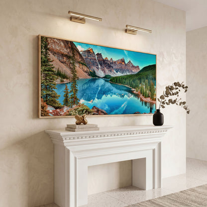 Banff Mountain Lake Panoramic Canvas in white oak floating frame