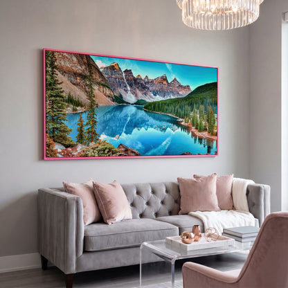 Banff Mountain Lake Panoramic Canvas in pink floating frame