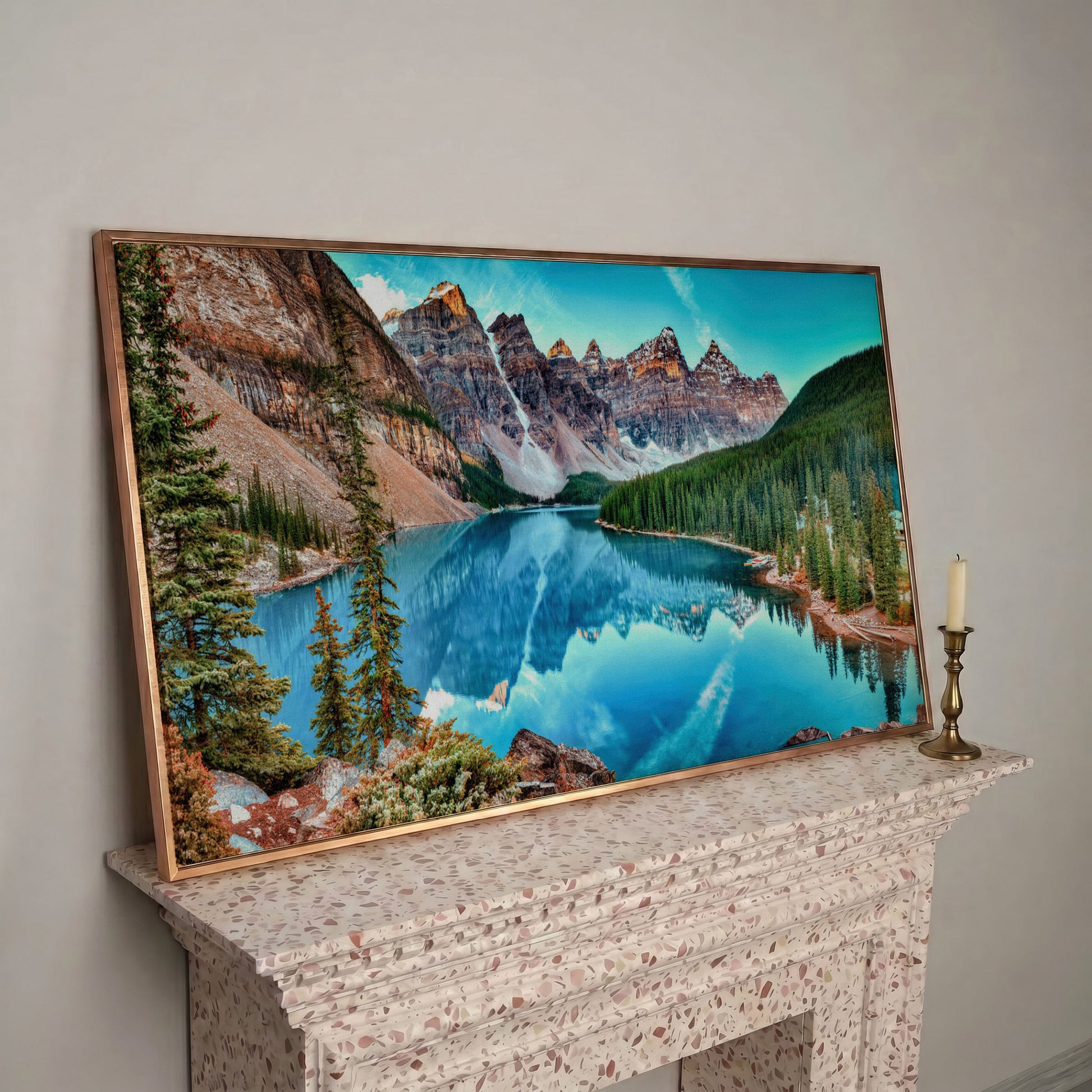 Banff Mountain Lake Panoramic Canvas in rose gold floating frame