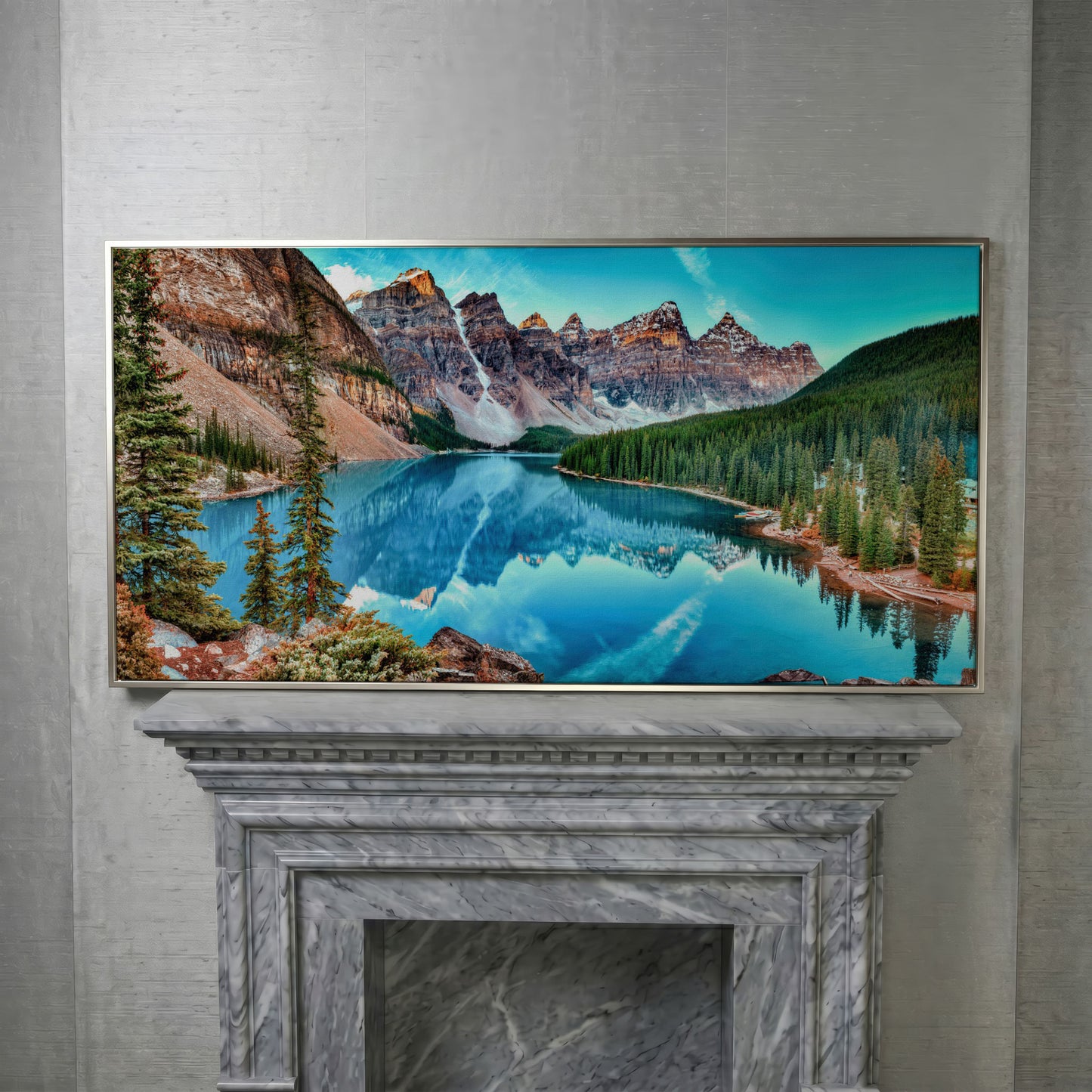 Banff Mountain Lake Panoramic Canvas in silver floating frame