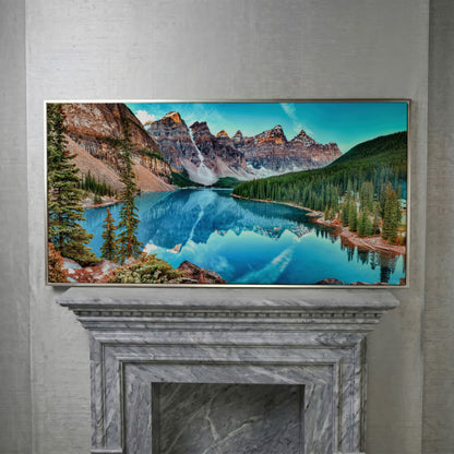 Banff Mountain Lake Panoramic Canvas in silver floating frame