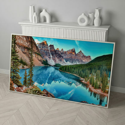 Banff Mountain Lake Panoramic Canvas in white floating frame