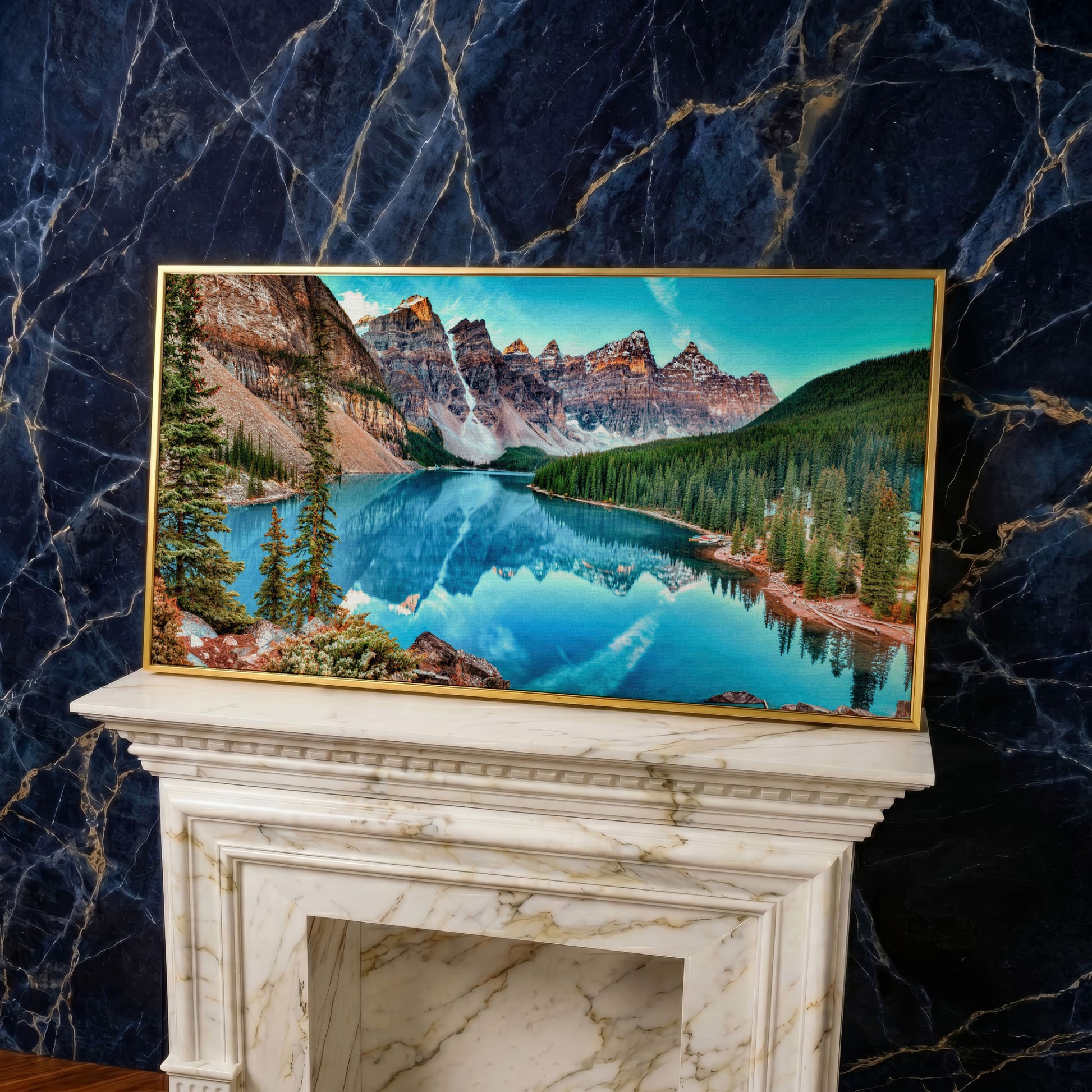 Banff Mountain Lake Panoramic Canvas in yellow gold floating frame
