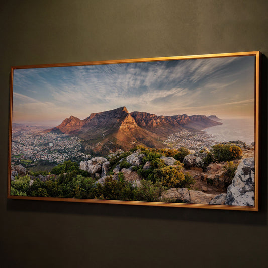 Table Mountain Landscape Canvas shown in antique gold floating frame