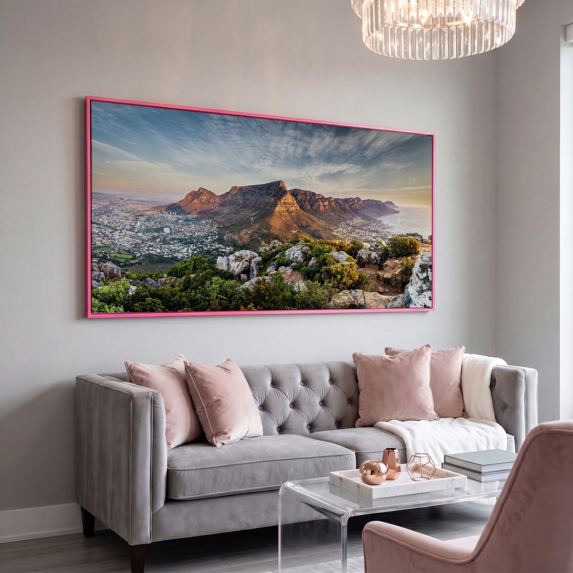 Table Mountain Landscape Canvas in pink floating frame