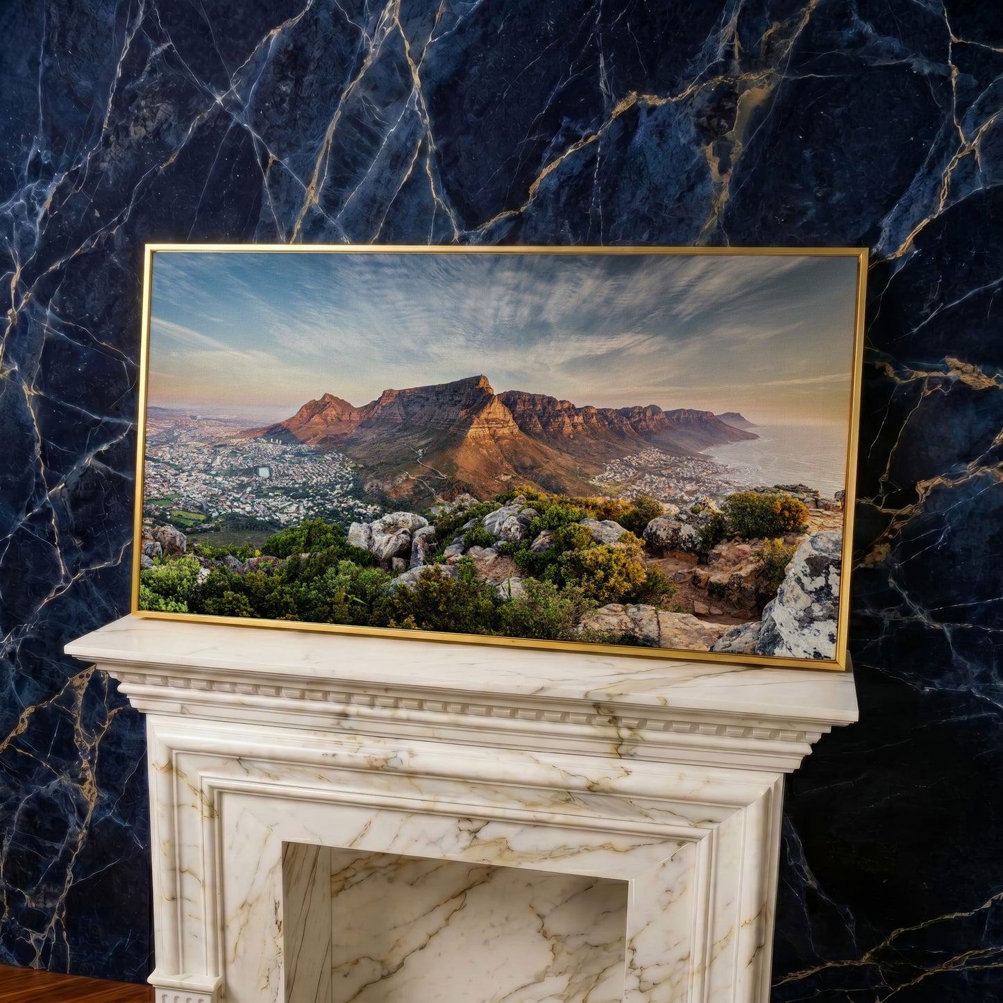 Table Mountain Landscape Canvas in yellow gold floating frame