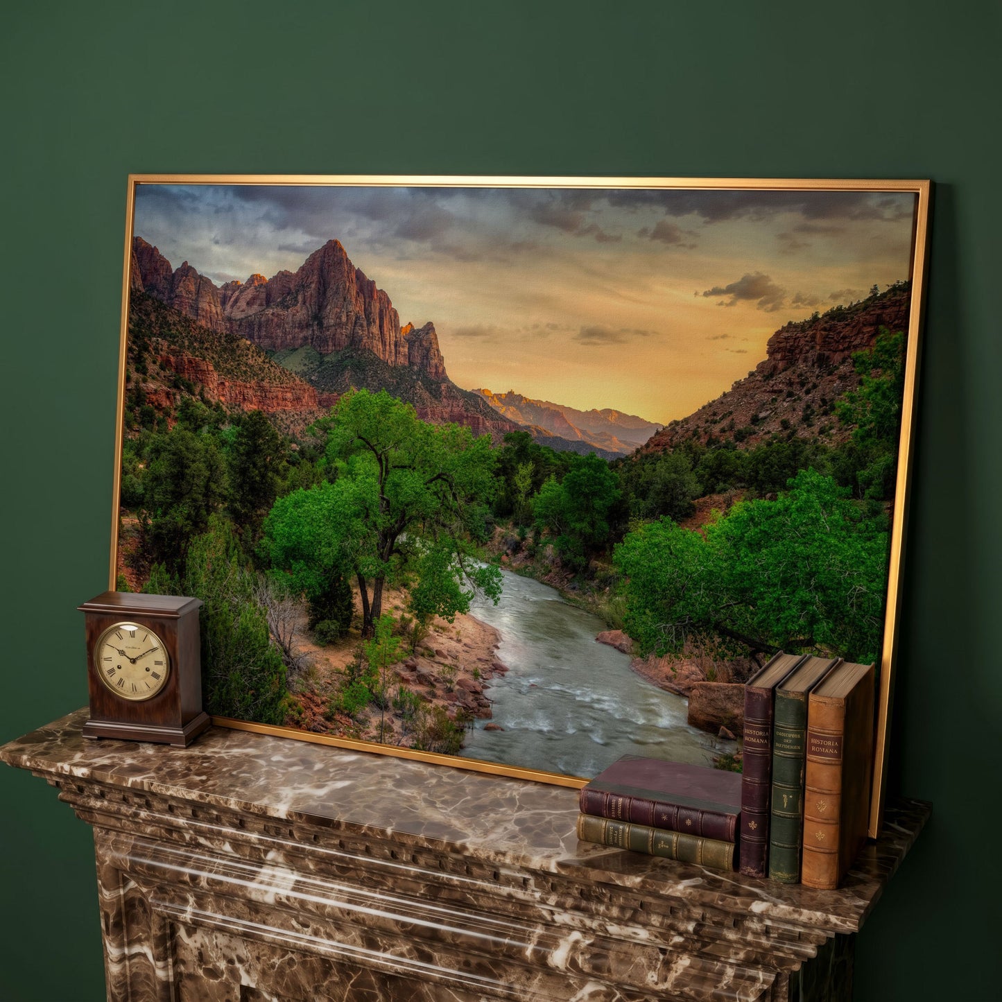 Zion Canyon Landscape Canvas Print in antique gold floating frame