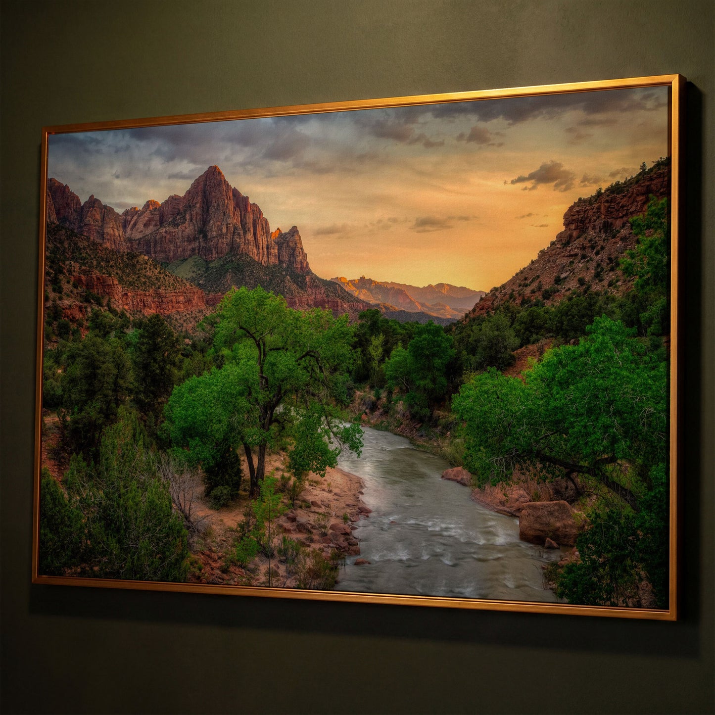 Zion Canyon Landscape Canvas Print shown in antique gold floating frame