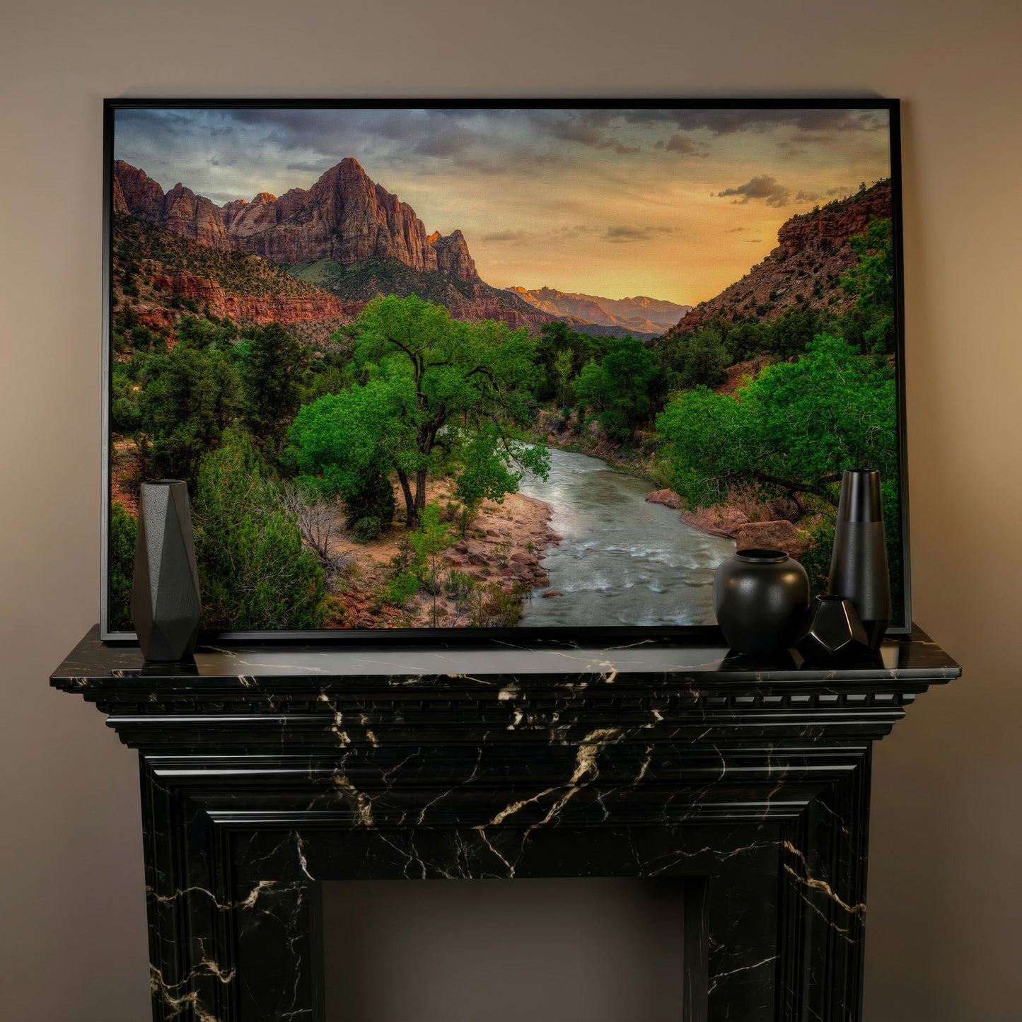 Zion Canyon Landscape Canvas Print in black floating frame