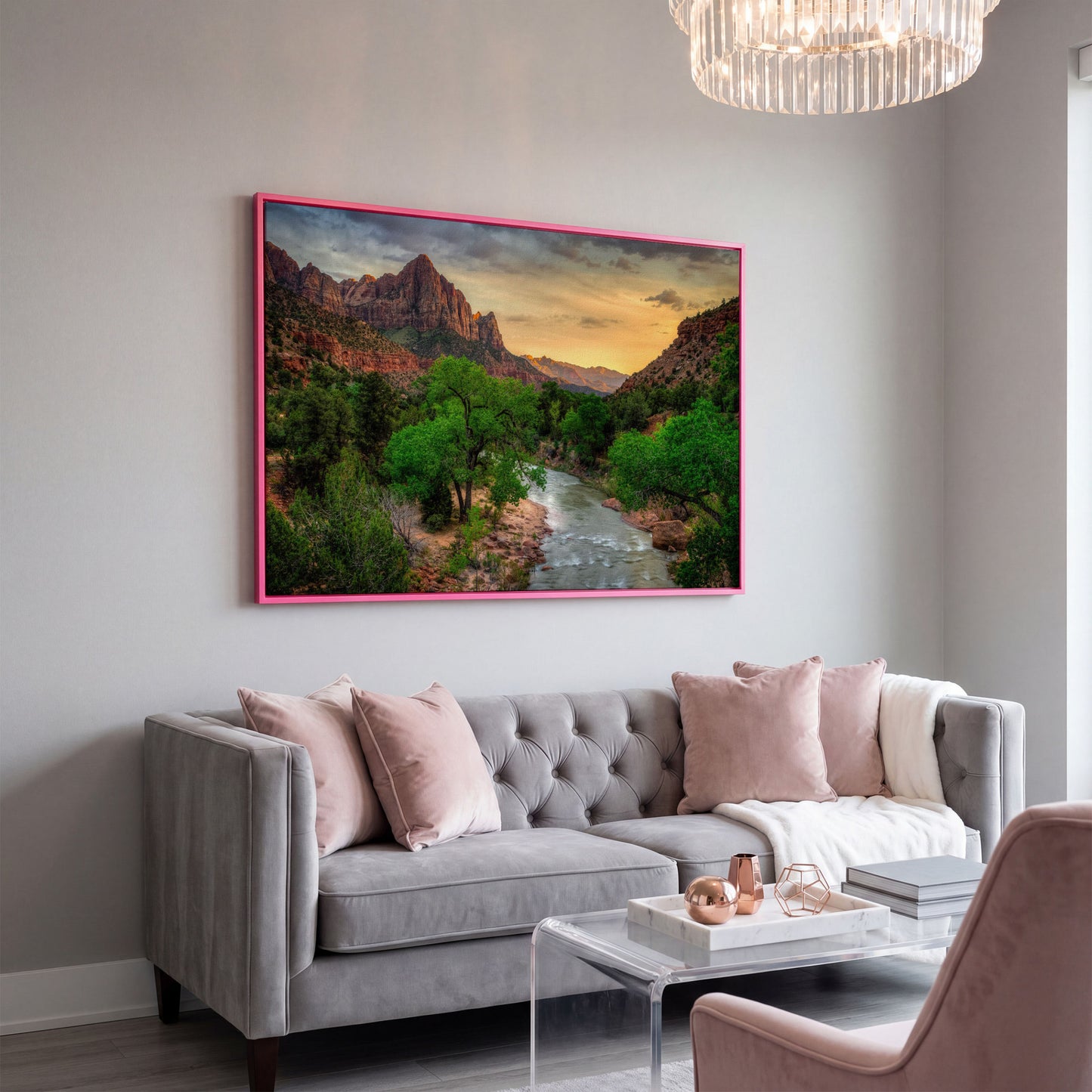 Zion Canyon Landscape Canvas Print in pink floating frame