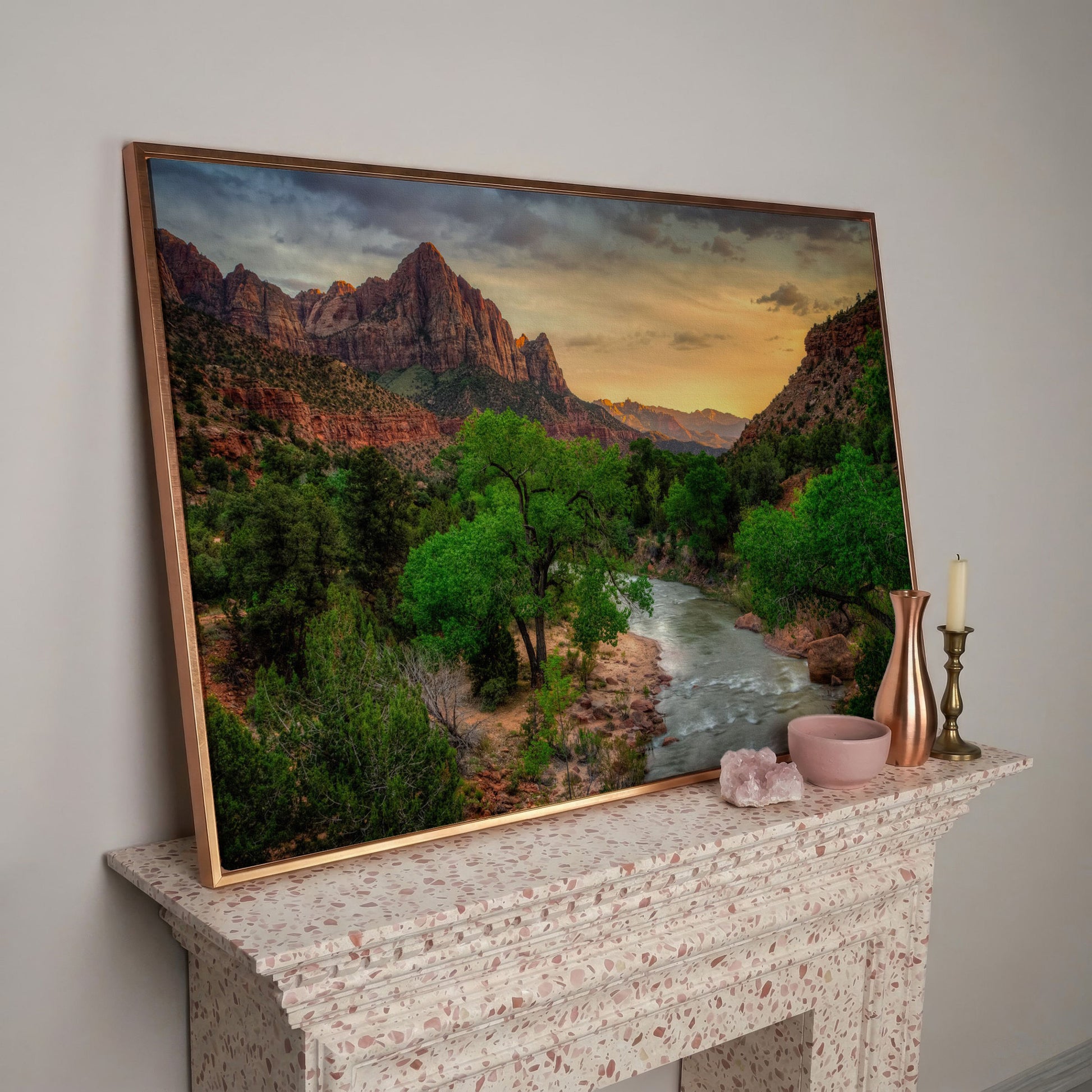 Zion Canyon Landscape Canvas Print in rose gold floating frame