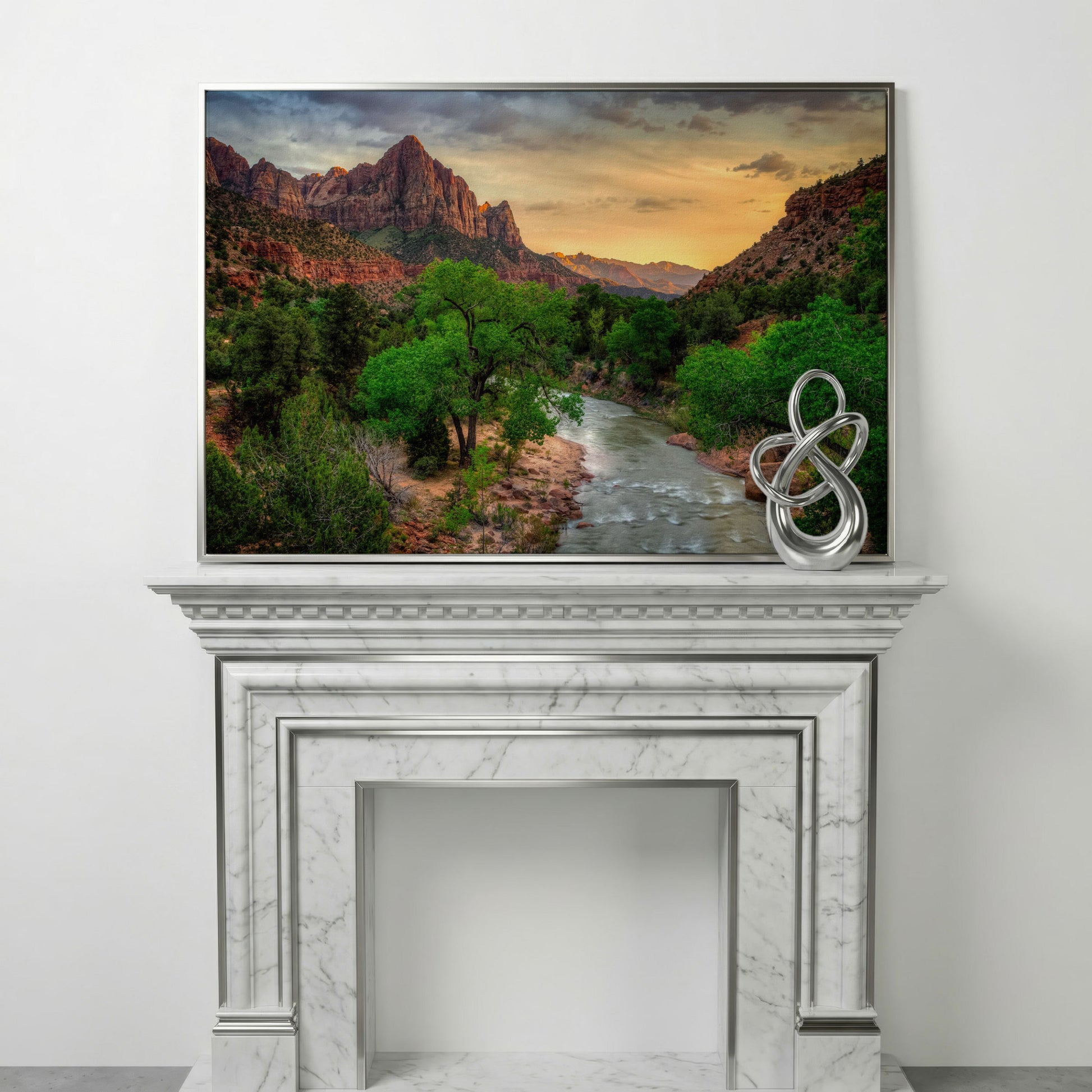 Zion Canyon Landscape Canvas Print in silver floating frame