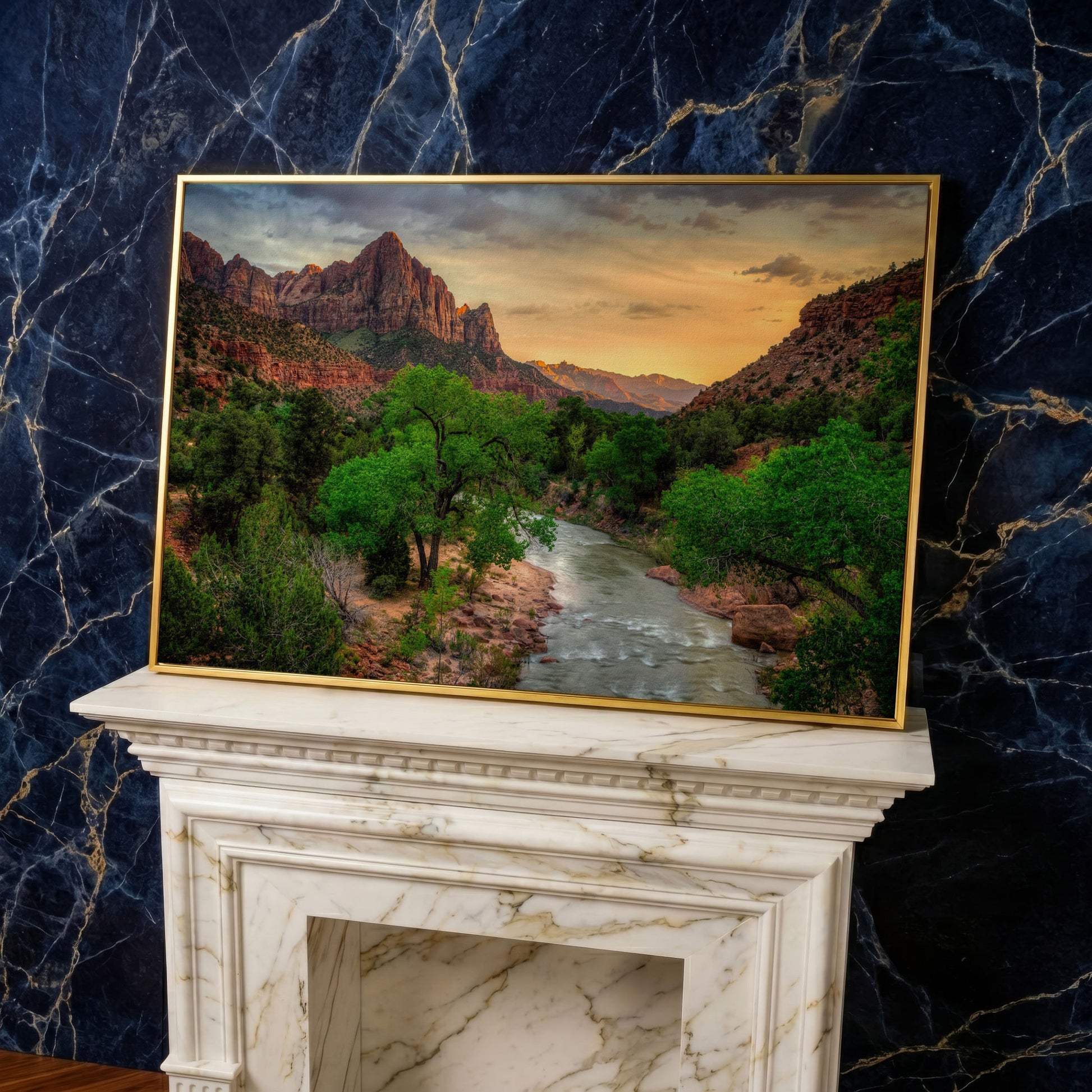Zion Canyon Landscape Canvas Print in yellow gold floating frame