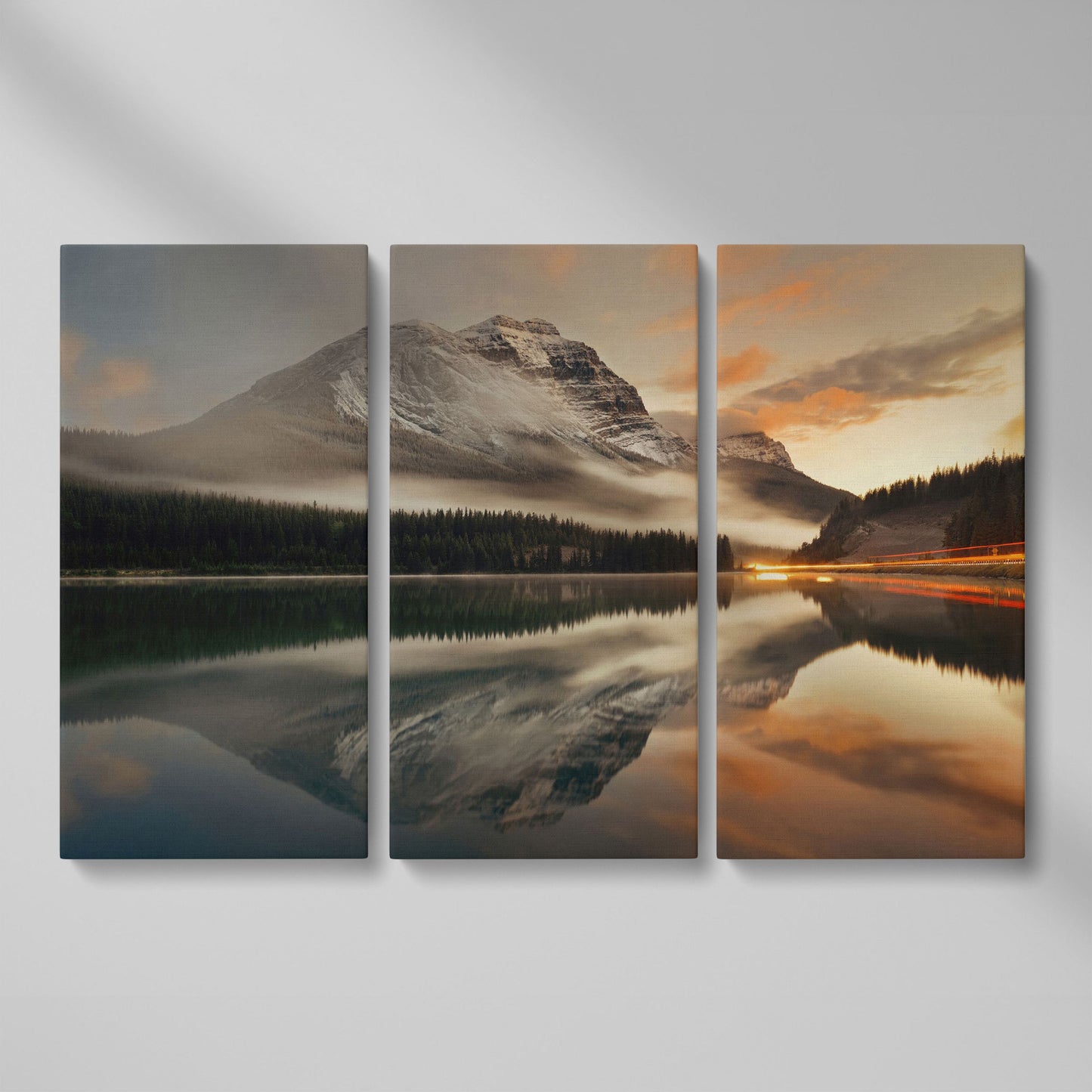 Mountain Lake and Fog at Sunset Canvas as 3-panel split version