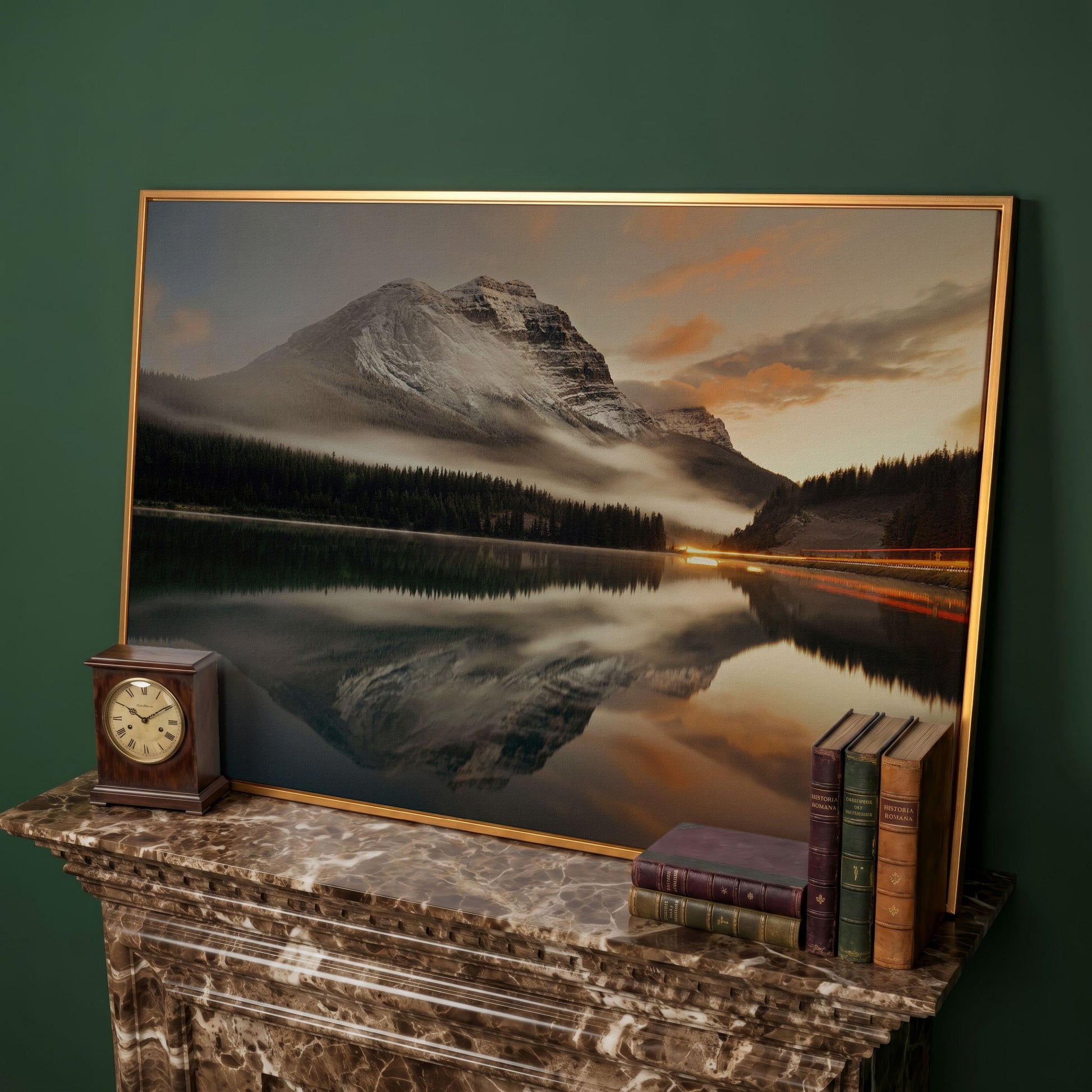Mountain Lake and Fog at Sunset Canvas in antique gold floating frame