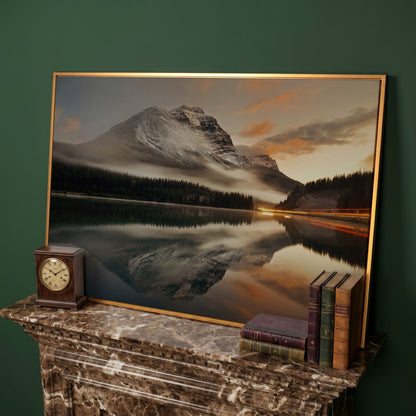 Mountain Lake and Fog at Sunset Canvas in antique gold floating frame