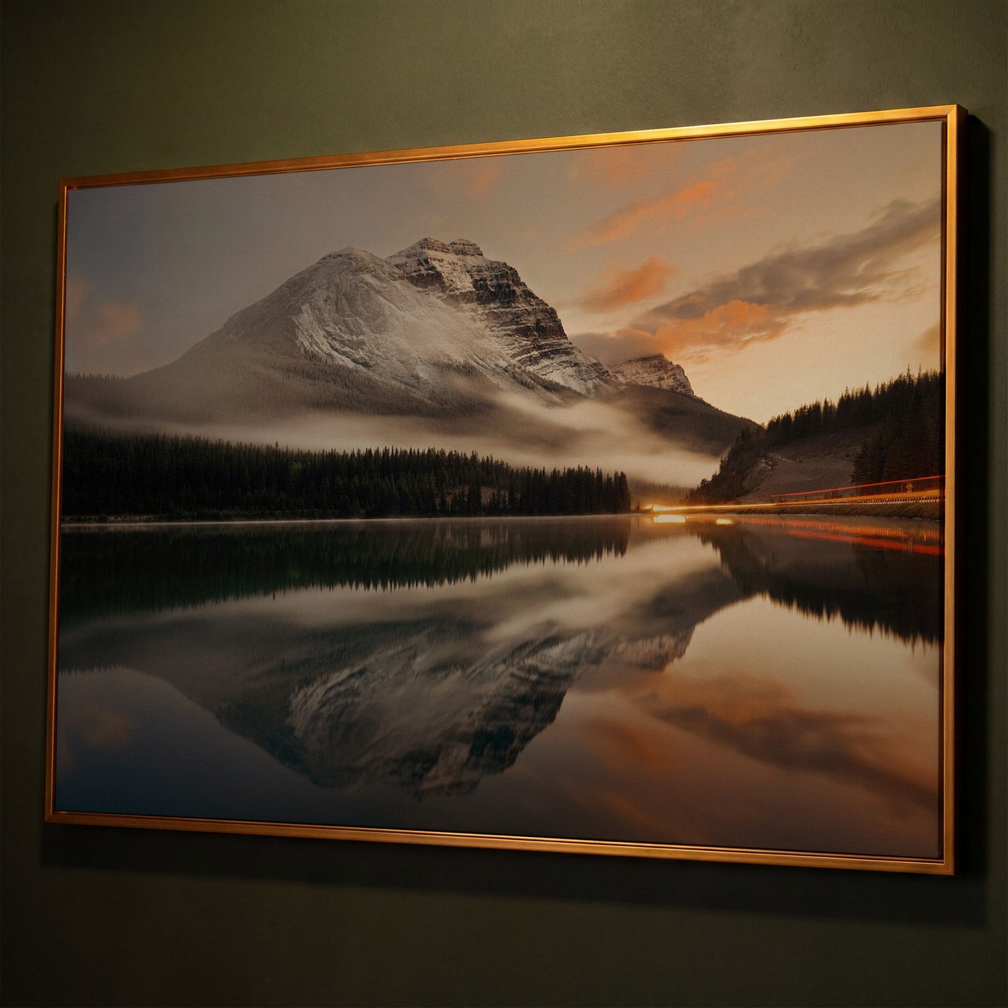 Mountain Lake and Fog at Sunset Canvas shown in antique gold floating frame