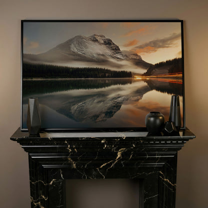 Mountain Lake and Fog at Sunset Canvas in black floating frame
