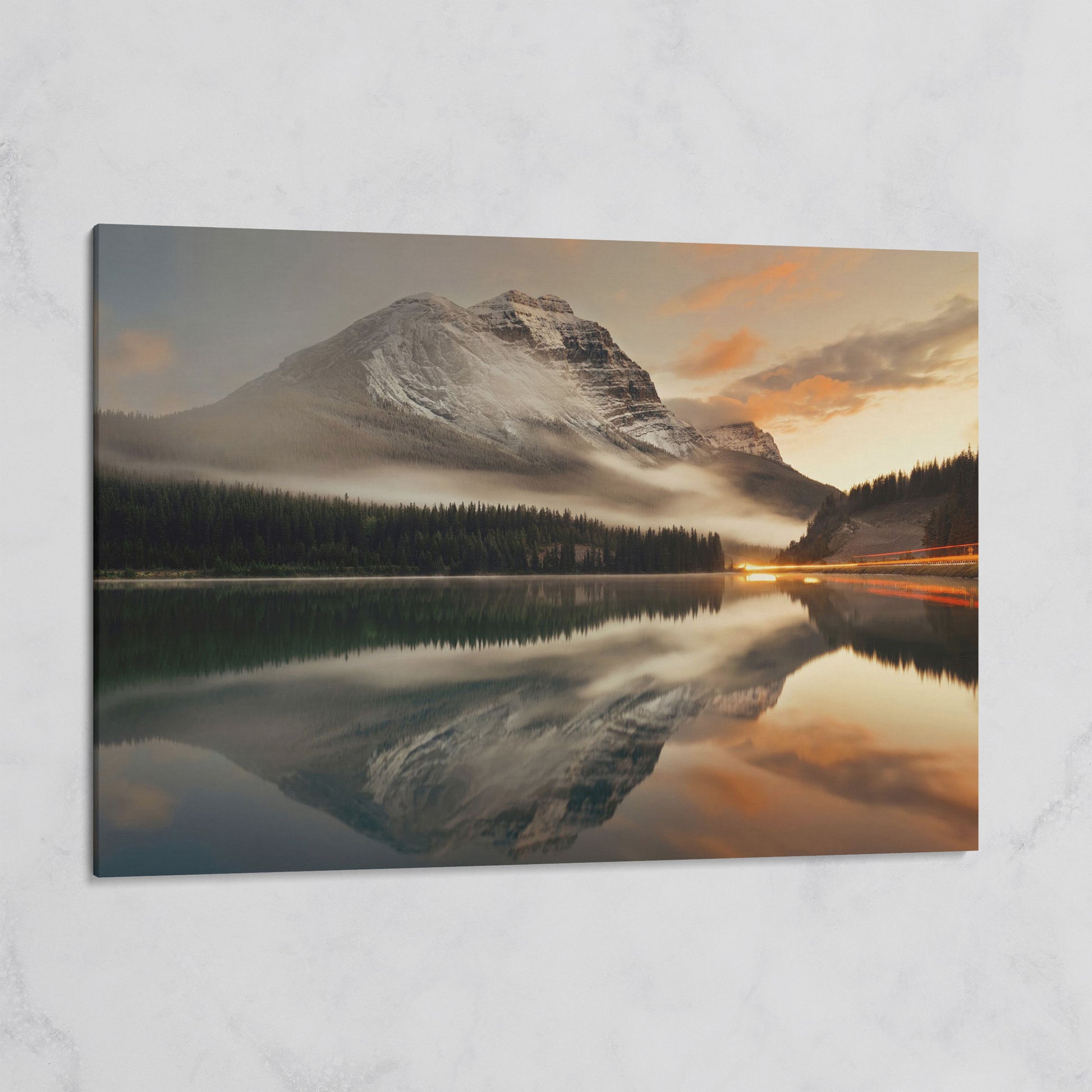 Mountain Lake and Fog at Sunset Canvas on gallery wrap