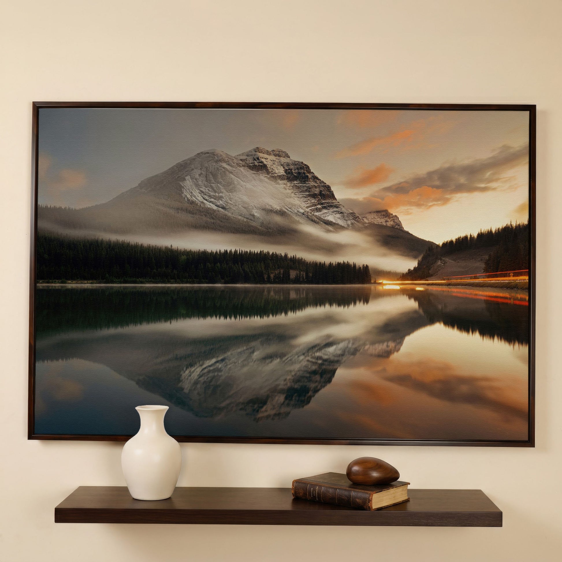 Mountain Lake and Fog at Sunset Canvas in dark walnut floating frame