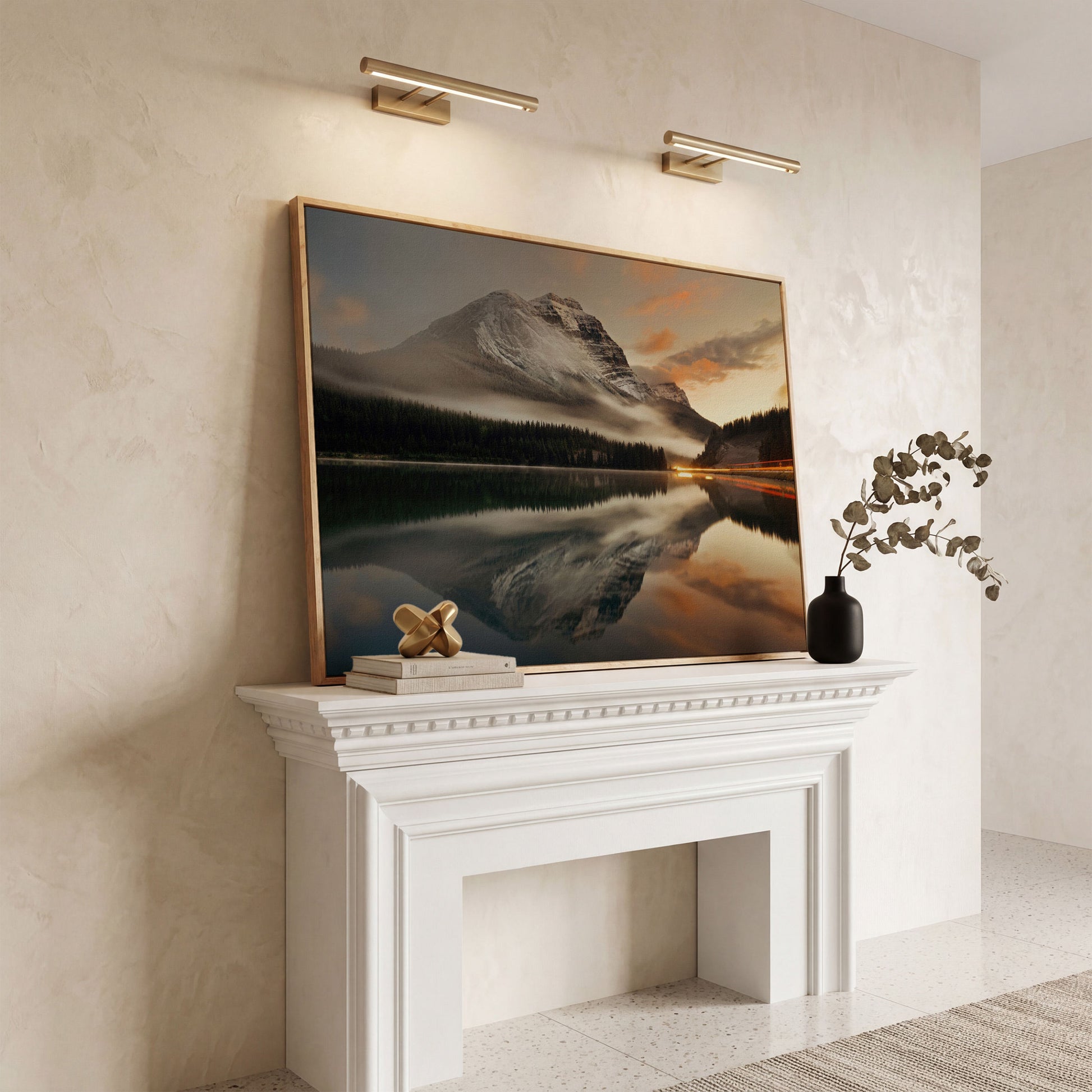 Mountain Lake and Fog at Sunset Canvas in white oak floating frame