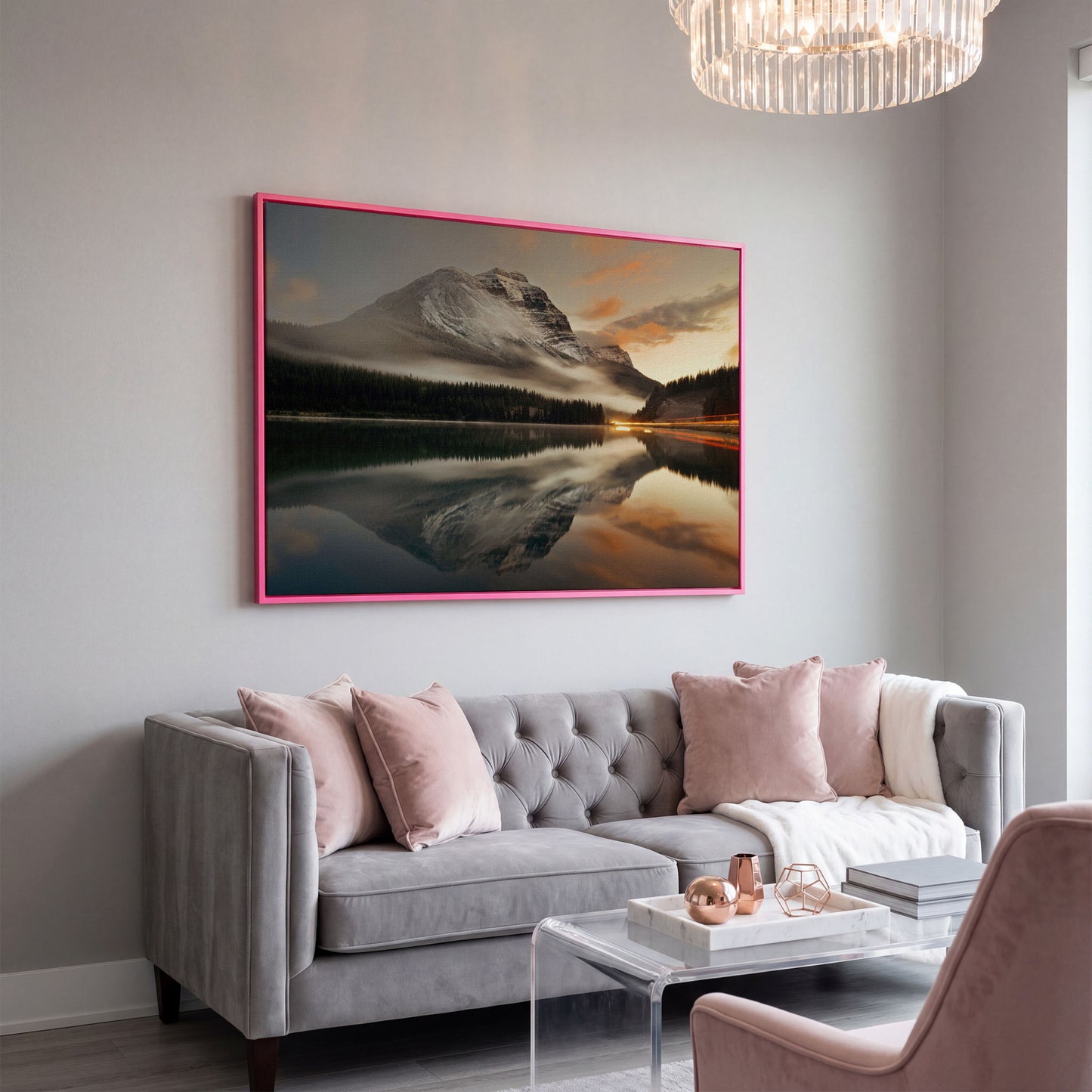Mountain Lake and Fog at Sunset Canvas in pink floating frame